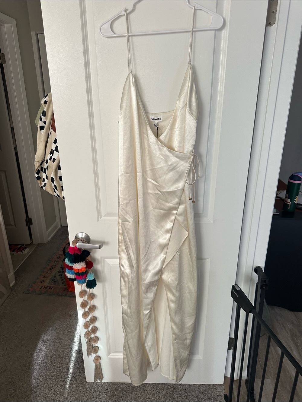 Elegant Cream Satin Maxi Dress with Spaghetti Straps